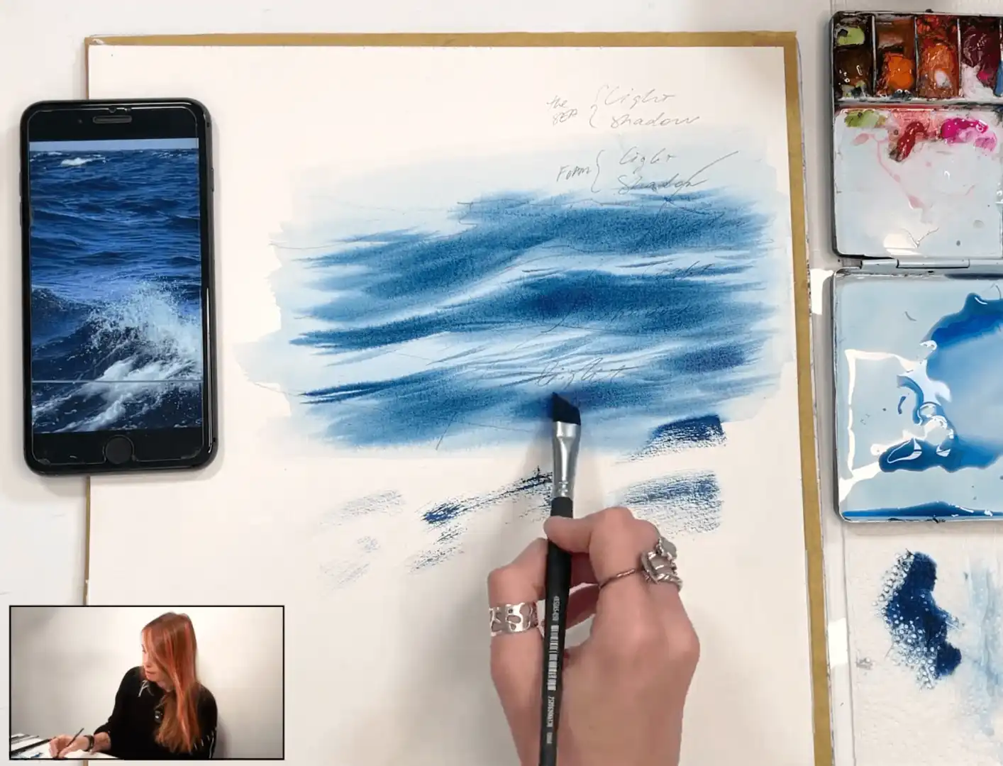 Fragments of an online drawing lesson «How to Paint Breaking Waves in Watercolour» — Painting from Julia Barminova