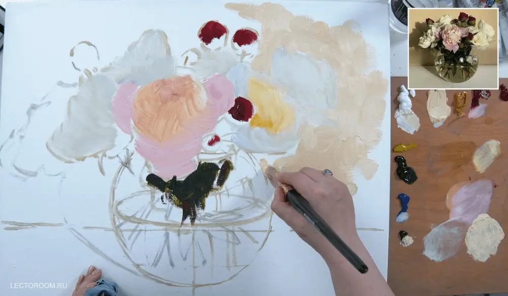 Fragments of an online drawing lesson «Multicoloured peonies in a round vase in oil painting » from Mariya Pavlova