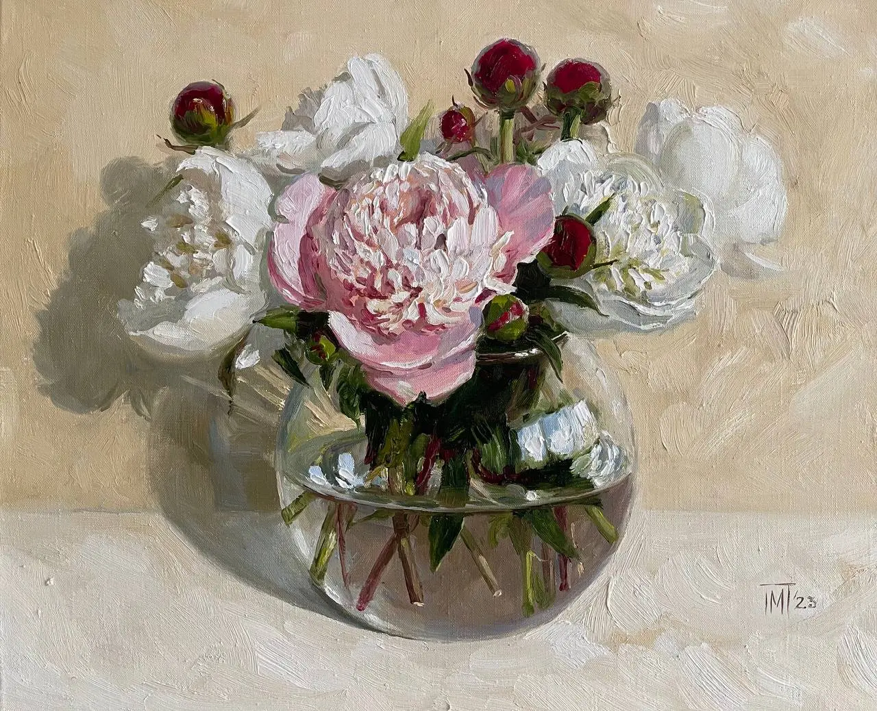 Image from an online drawing lesson «Multicoloured peonies in a round vase in oil painting »  from Mariya Pavlova