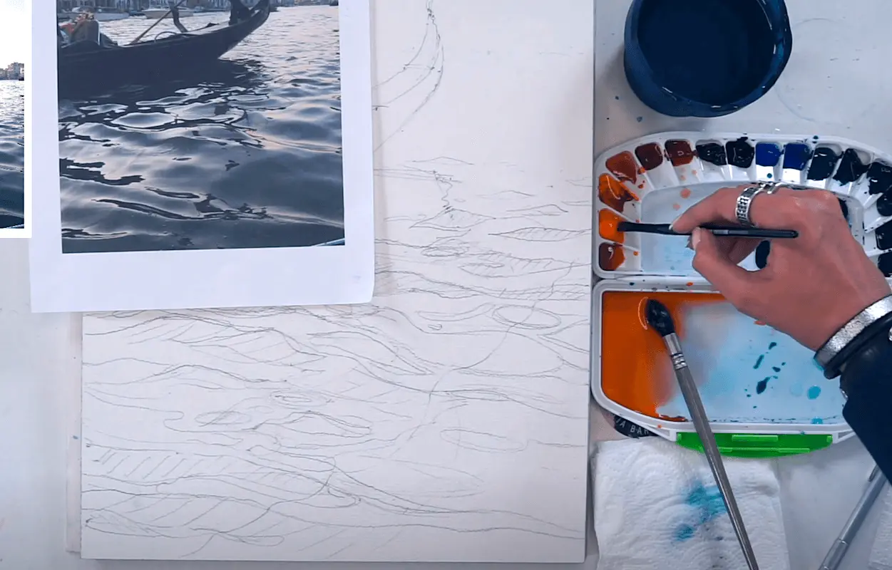 Fragments of an online drawing lesson «Boat on water in watercolor» from Julia Barminova