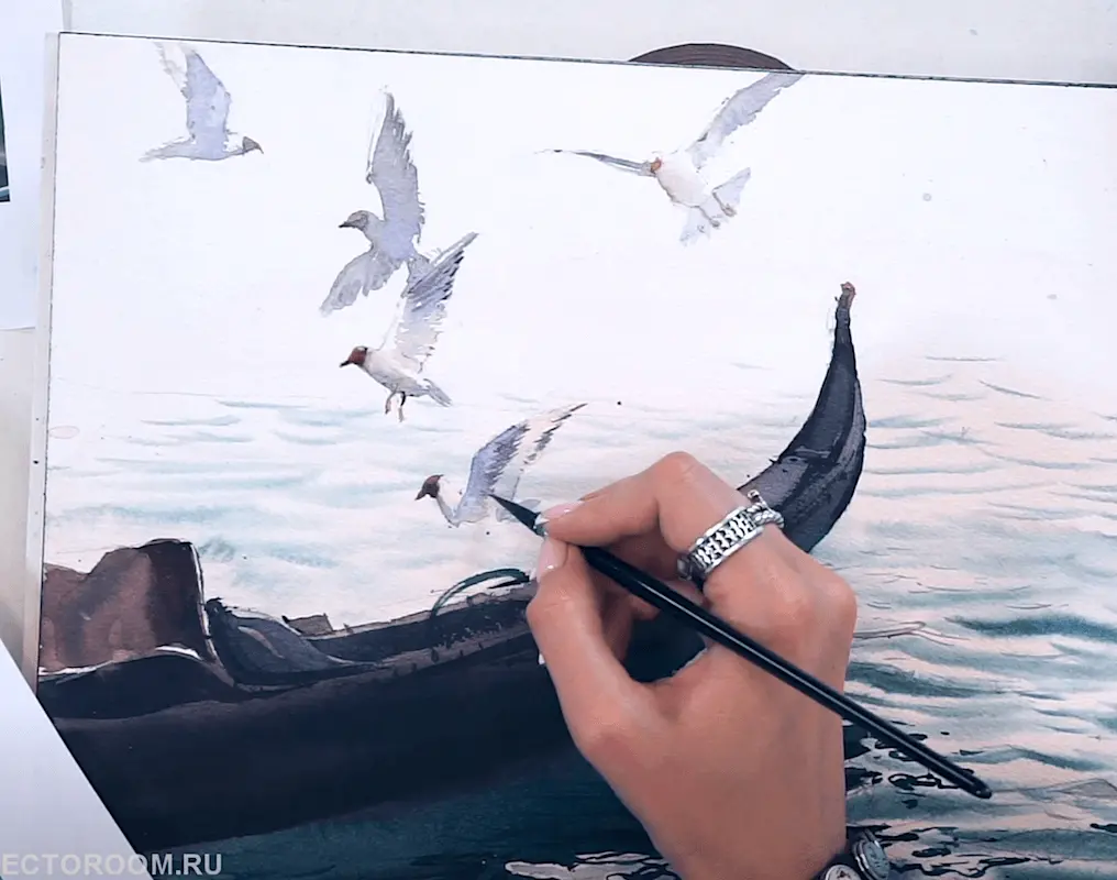 Fragments of an online drawing lesson «Boat on water in watercolor» from Julia Barminova