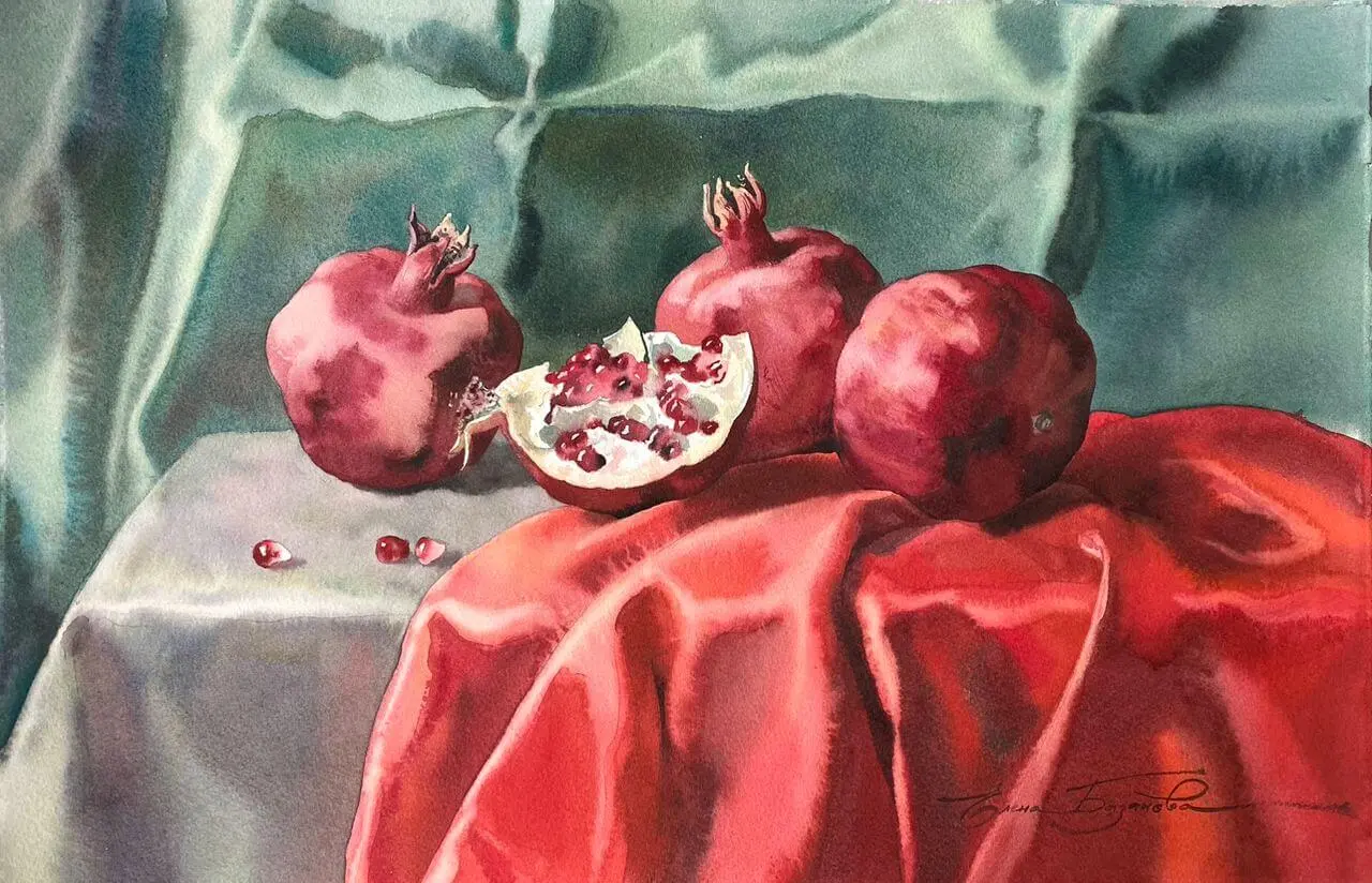 Online drawing lesson «The color of nephrite and pomegranate» by Painting from Elena Bazanova