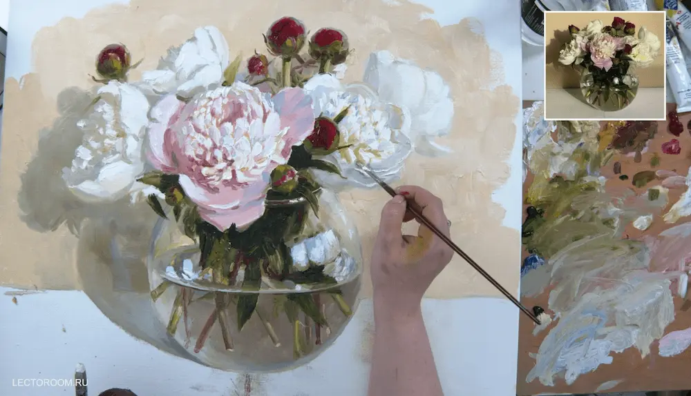 Fragments of an online drawing lesson «Multicoloured peonies in a round vase in oil painting » from Mariya Pavlova