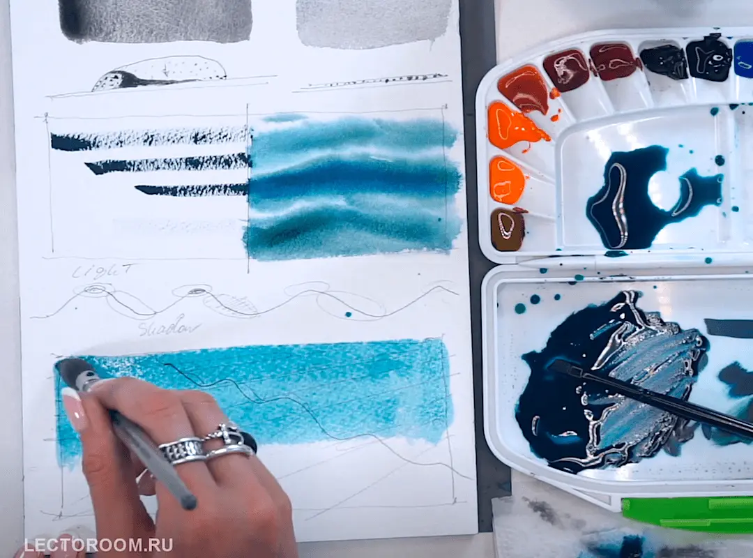 Fragments of an online drawing lesson «Boat on water in watercolor» from Julia Barminova