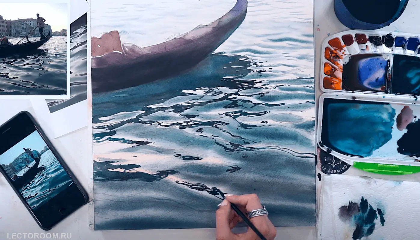 Fragments of an online drawing lesson «Boat on water in watercolor» from Julia Barminova