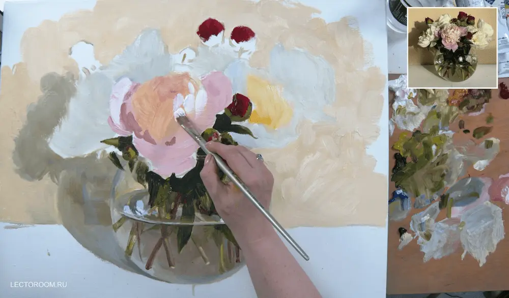 Fragments of an online drawing lesson «Multicoloured peonies in a round vase in oil painting » from Mariya Pavlova