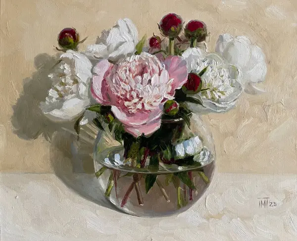 Online drawing lesson «Multicoloured peonies in a round vase in oil painting » by en from Mariya Pavlova